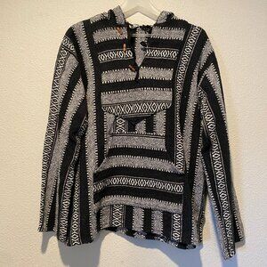 Baja Hoodie Black Gray Poncho Style XL 100% Cotton Made in India